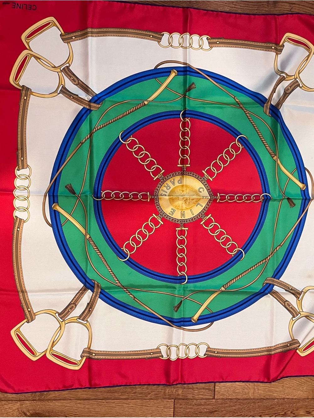 Celine Red Green Blue Equestrian Silk Scarf